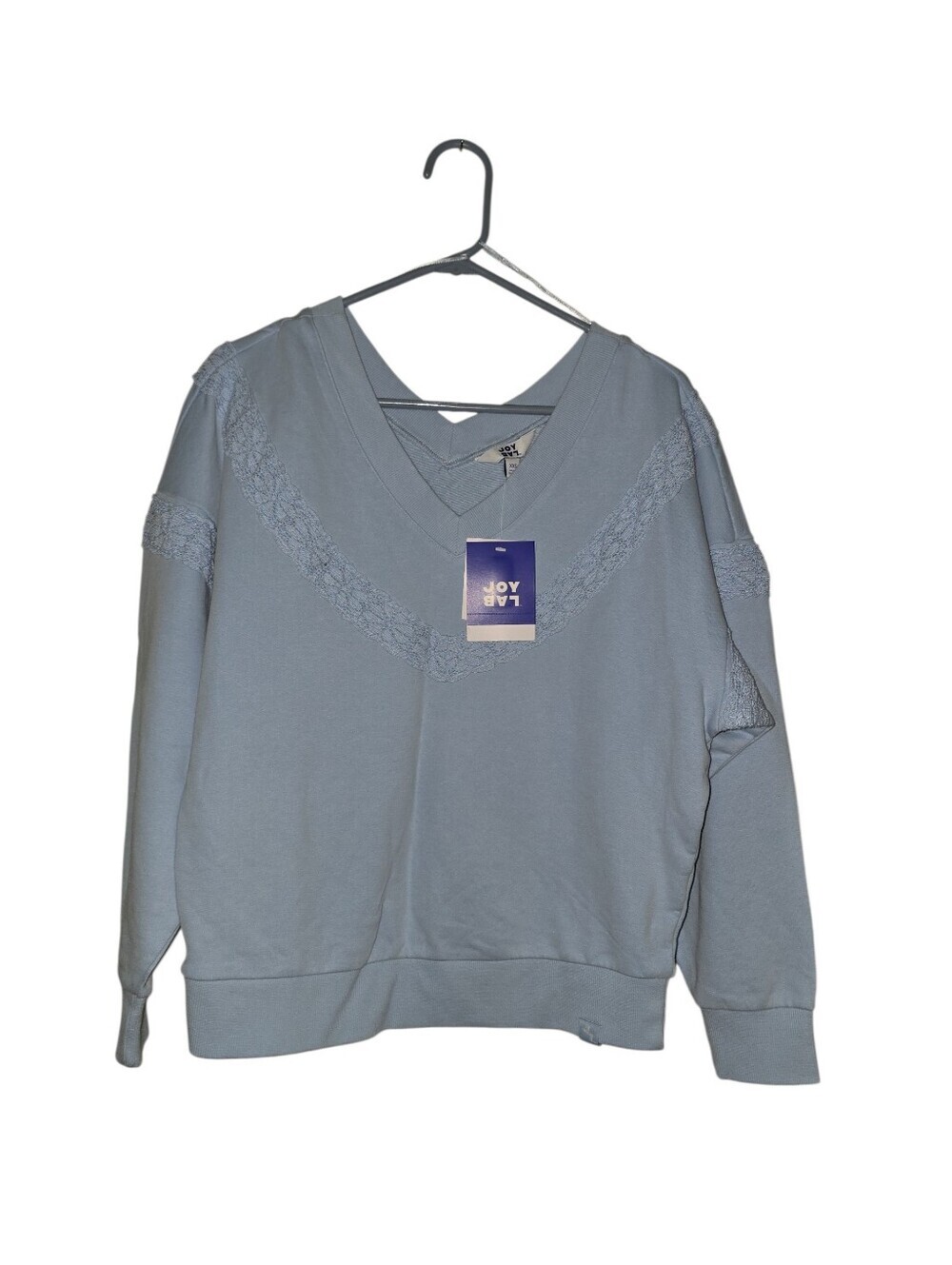Womens JoyLab Light Blue V-Neck Lace-Trim Pullover Sweatshirt, Oversized, Multi